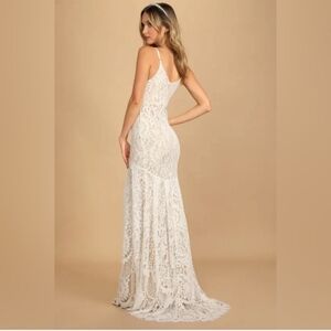Lulu's Flynn White Lace Spaghetti Strap Gown